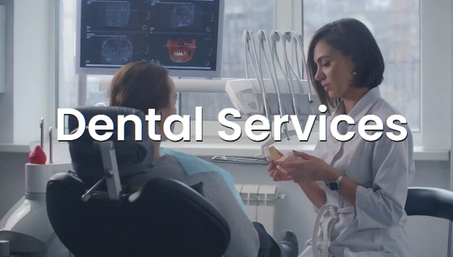 Attractive dentist with patient discussing dental services